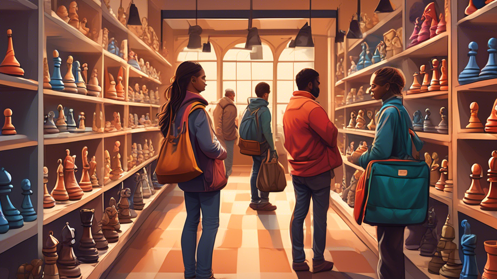 A detailed illustration of a variety of chess bags arranged on shelves in a cozy, well-lit store, with a diverse group of people examining them, each bag uniquely designed to fit different styles of c