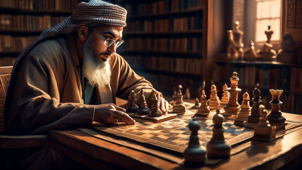 A thoughtful Muslim scholar intensely studying a chess board, surrounded by ancient Islamic manuscripts and texts, with a soft light illuminating the scene in a serene library setting.