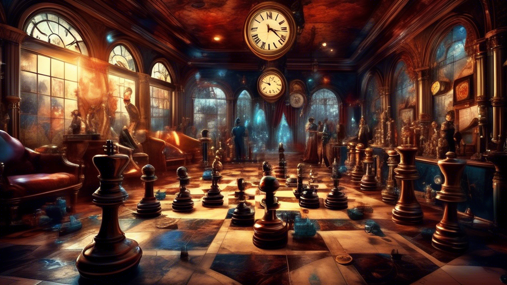 An intricate Victorian study with a giant chessboard where pieces are animated and overwhelming the players, representing stress and complexity, with clocks showing different time zones in the backgro