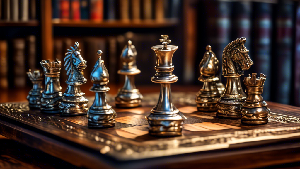 An artistically crafted metal chess set displayed on a luxurious wooden table, with soft lighting enhancing the intricate details of the silver and bronze pieces, set against a backdrop of a dimly lit