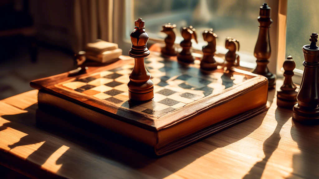 a vintage wooden chess board set up in a cozy study, with an open chess scorebook and a classic fountain pen resting beside it, soft daylight filtering through a window illuminating the scene