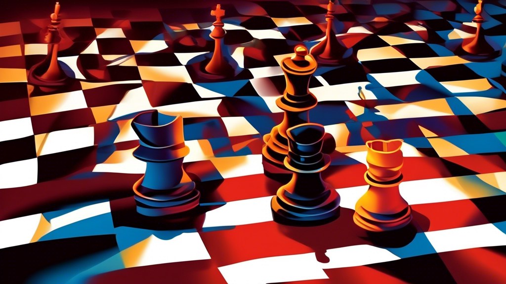 A chessboard under a spotlight focusing on a king chess piece at a pivotal moment, highlighted with lines showing possible legal movements, excluding diagonal lines.