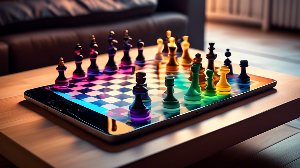 An array of smartphones and tablets displayed on a chessboard, each screen showing a unique and visually striking chess-inspired game interface, set in a cozy modern living room with ambient lighting.