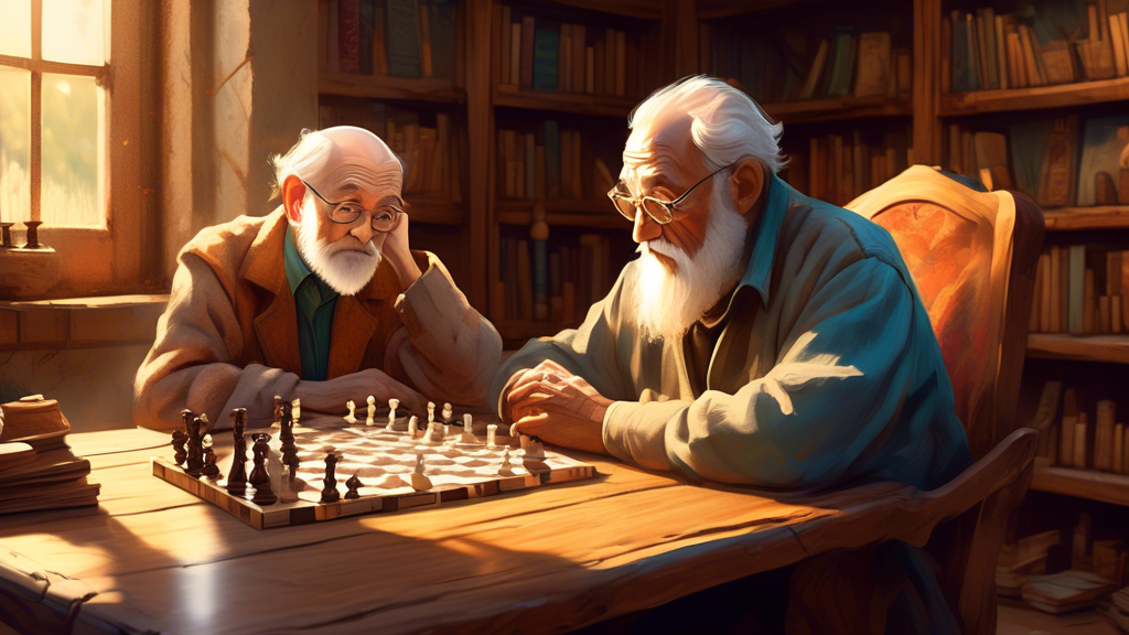 A wise old man and a young child sitting across each other at a rustic wooden table, deeply focused on a game of chess in a sunlit, cozy library, with ancient chess books and scrolls scattered around 