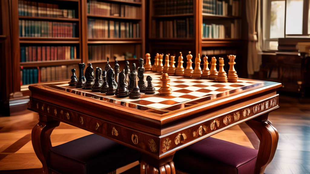 An elegant setting featuring a high-end, handcrafted wooden chess set with intricately carved pieces and inlaid mahogany board, placed on a polished table with a backdrop of a luxurious library with l