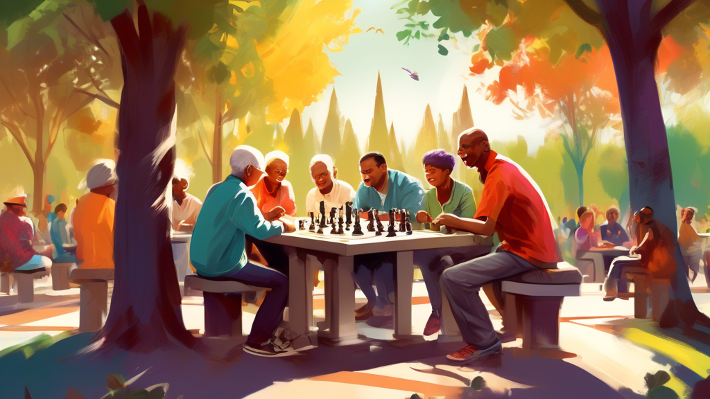 A whimsical digital painting of a friendly chess player, with a warm smile, sitting at a park chess table surrounded by diverse onlookers of all ages, engaging in a game while explaining the moves, wi