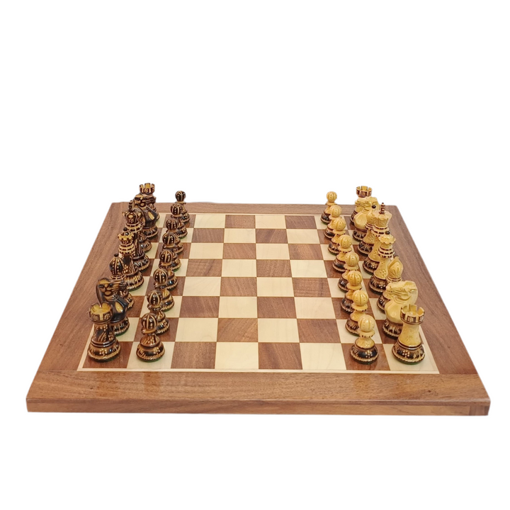 Hand Carved Burnt Staunton Luxury Chess Set With Professional Chess Board