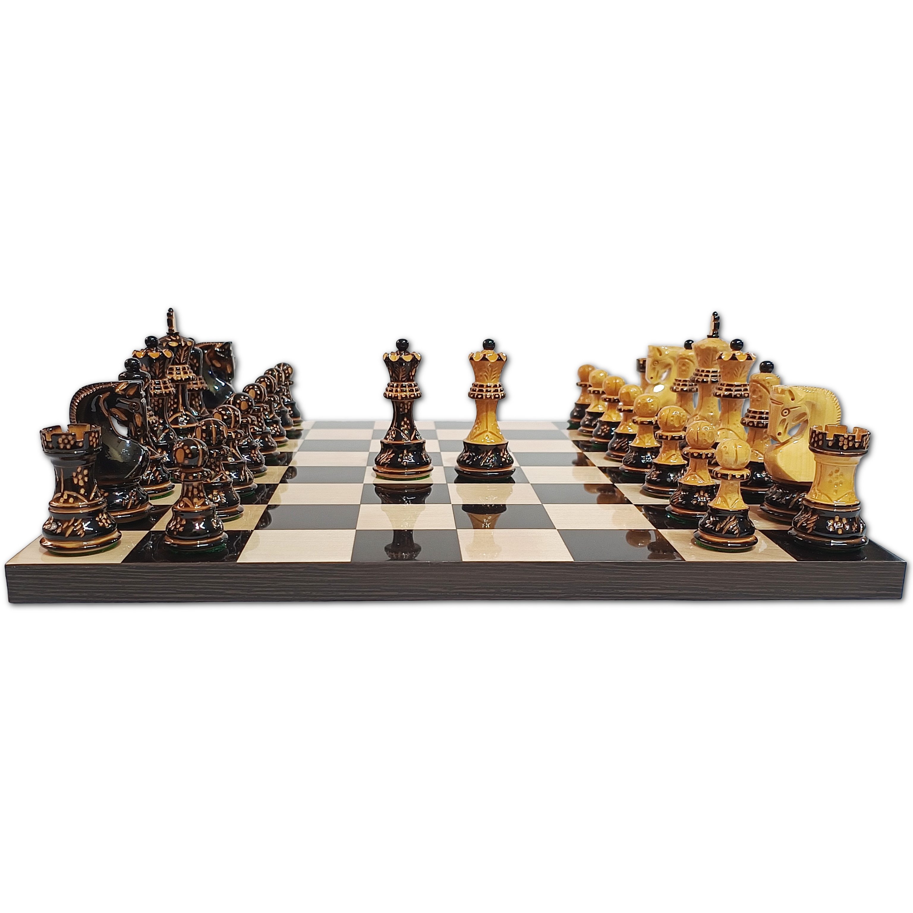 Russian Zagreb Burnt Hand-Carved Chess Set (3.9″ King) with 16″ Ebony & Maple Luxury Board – 50mm Squares My Chess Sets