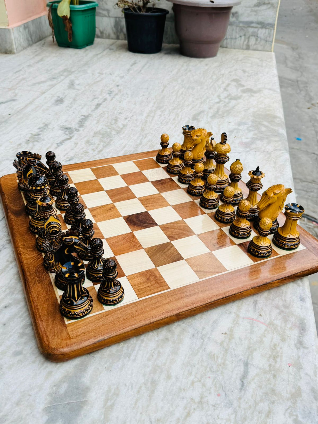 Alexandria Luxury Staunton Burnt Carved Chess Set- Chess Pieces Only - Triple Weighted - Lacquered Boxwood