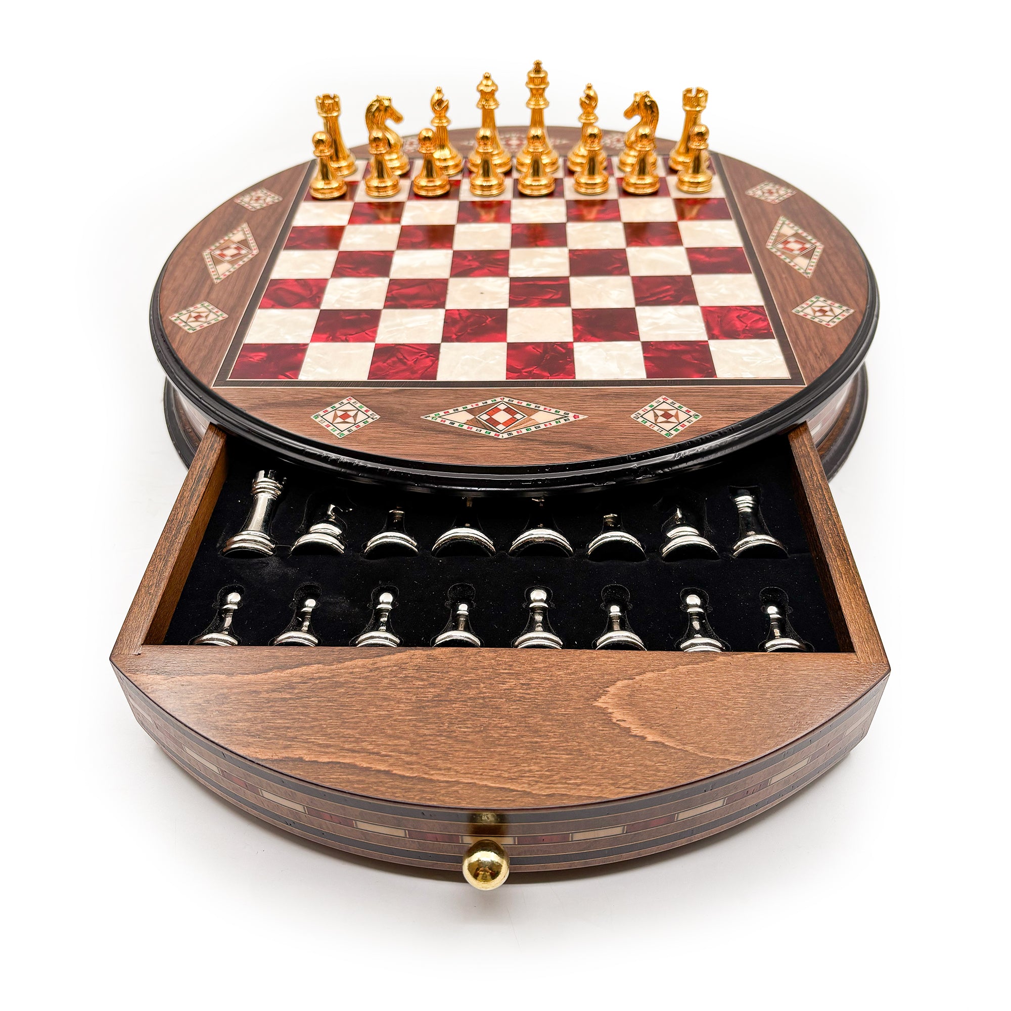 Luxury Round Rosewood & Walnut Chess Set With Metal Pieces My Chess Sets