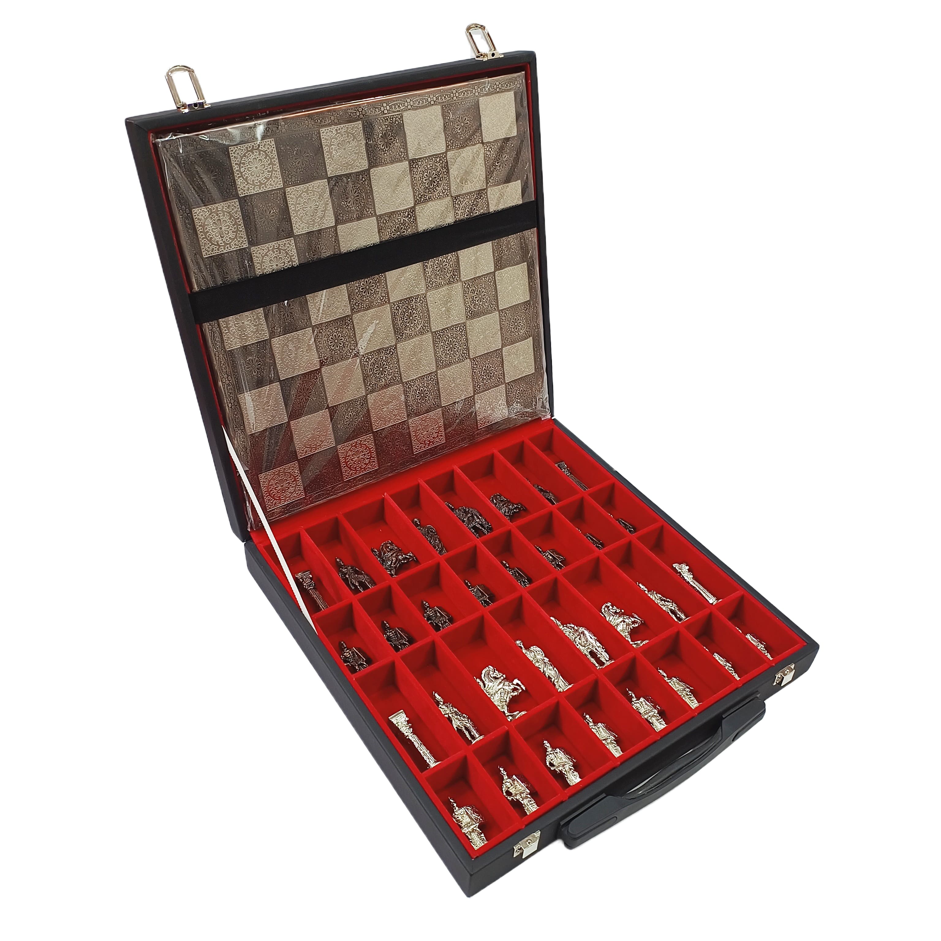 Open chess set case showing Roman soldier pieces and a checkered board with red storage compartments.