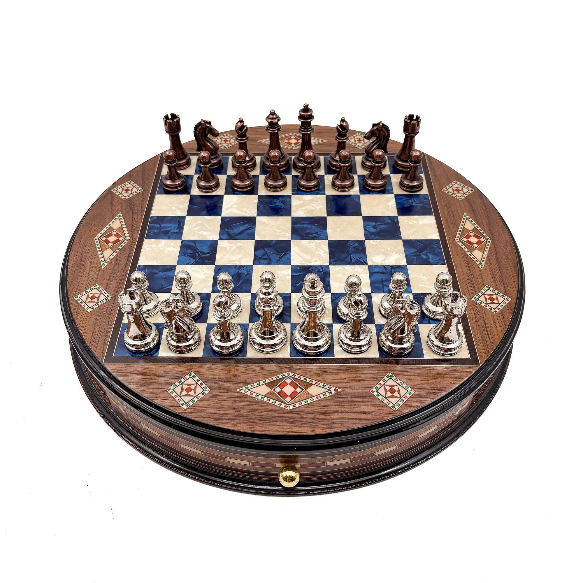 Luxury Round Rosewood & Walnut Chess Set With Metal Pieces My Chess Sets