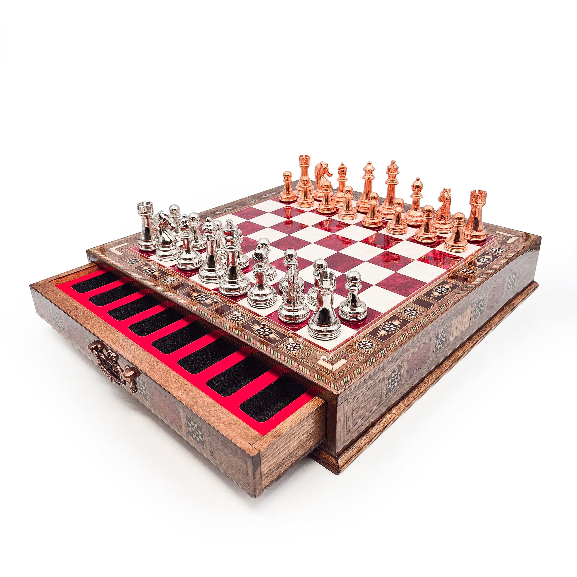 Handmade Luxury Chess Set With Storage - Bronza & Silver - Red Board My Chess Sets