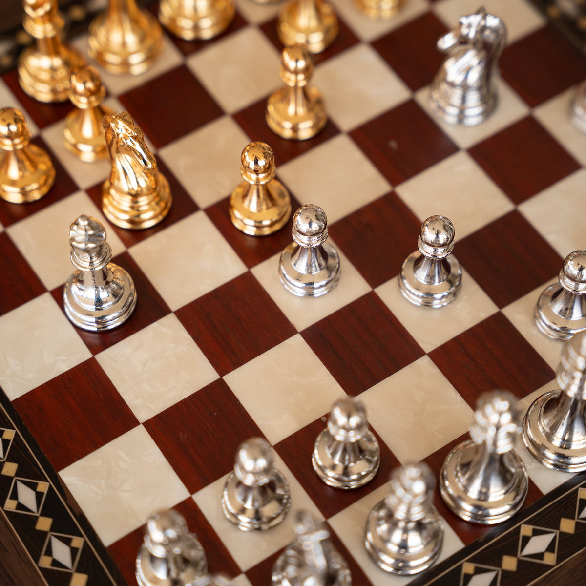 Walnut & Rosewood Inlaid Chess Set with Metal Pieces