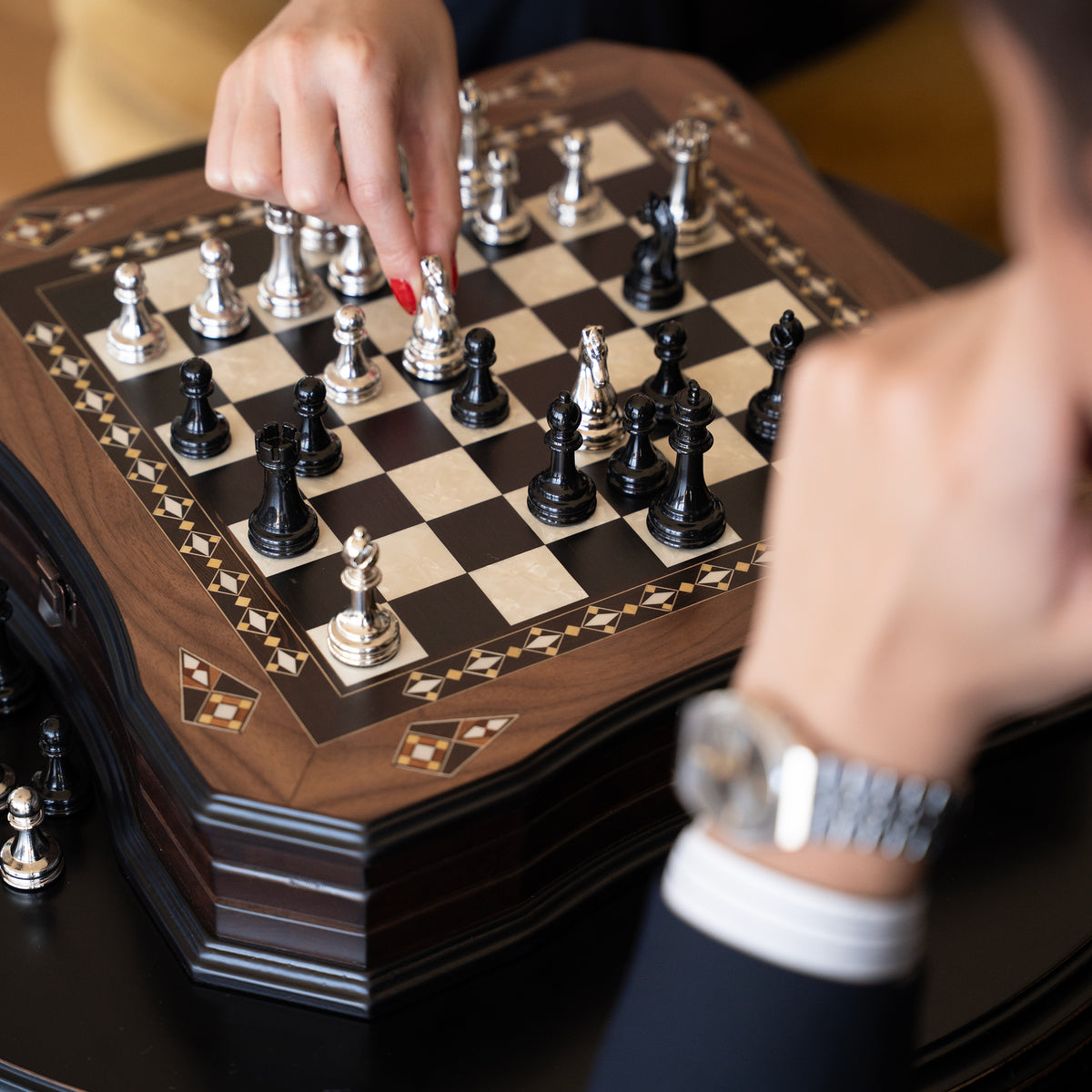 Walnut & Rosewood Inlaid Chess Set with Metal Pieces