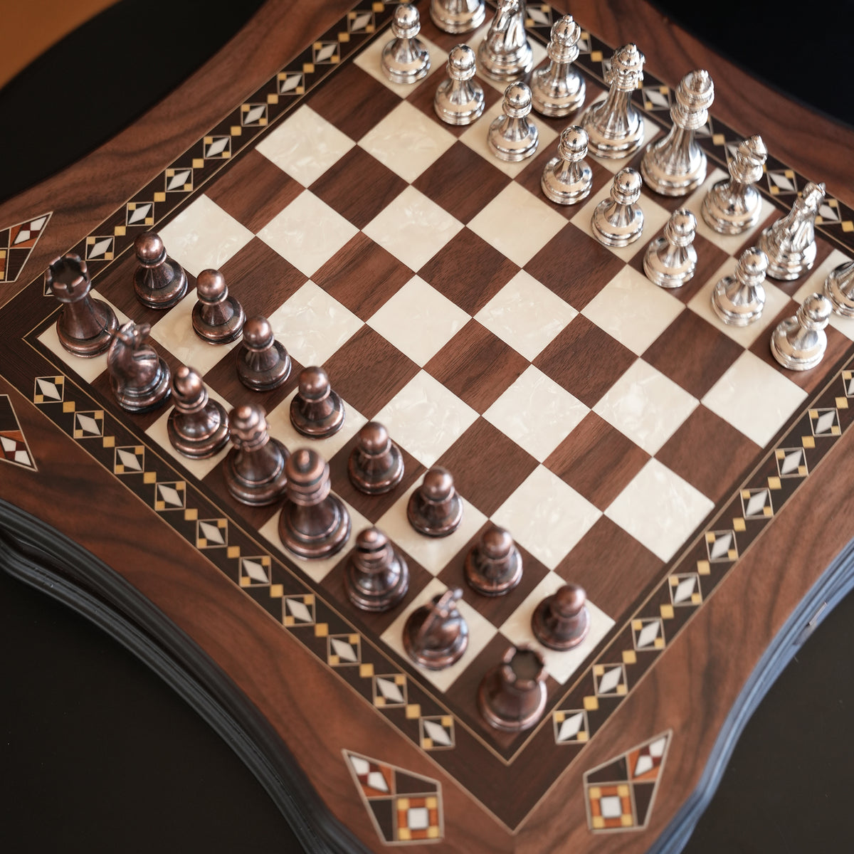 Walnut & Rosewood Inlaid Chess Set with Metal Pieces