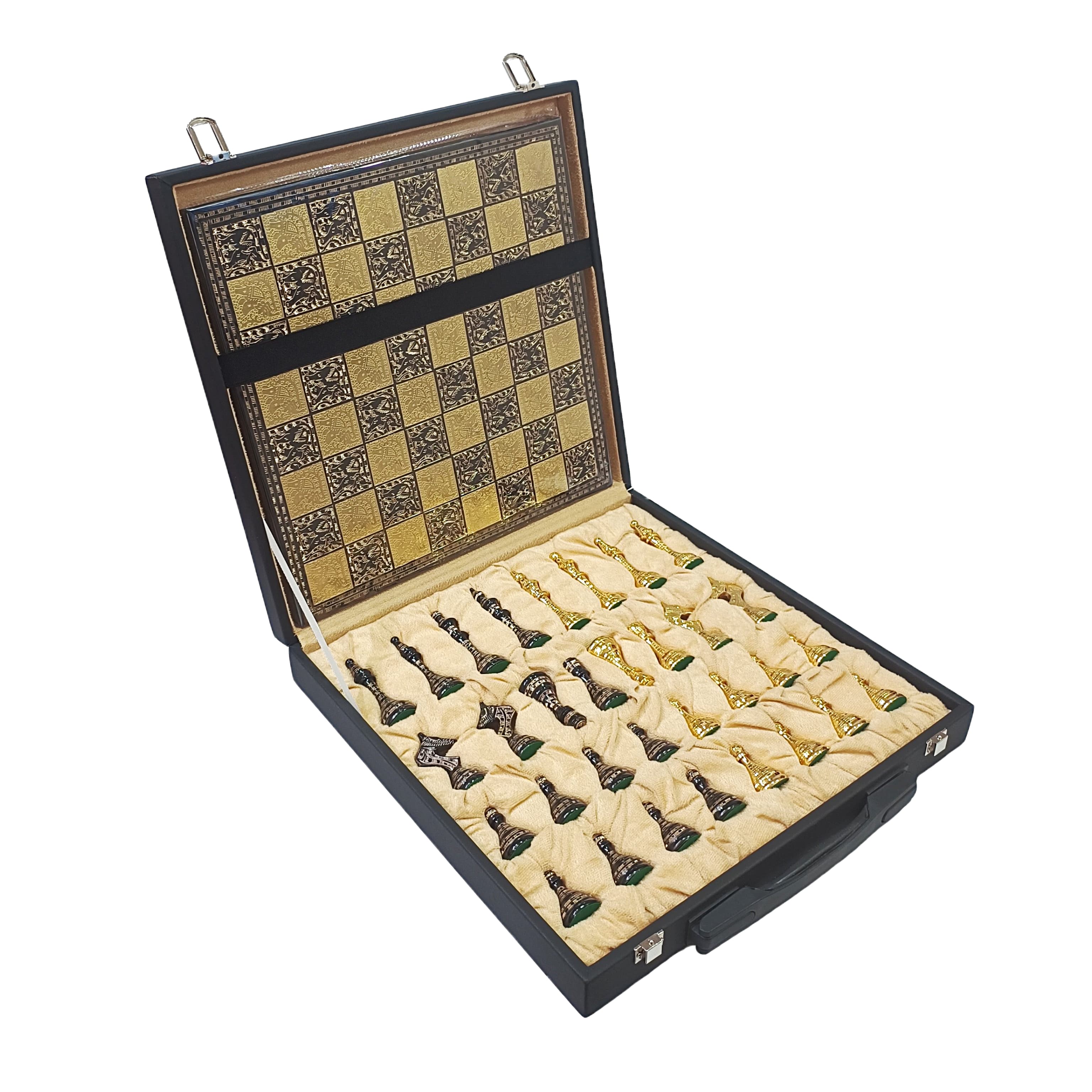 Open Egyptian themed brass chess set showing intricate pieces and a decorative board inside a leatherette case.