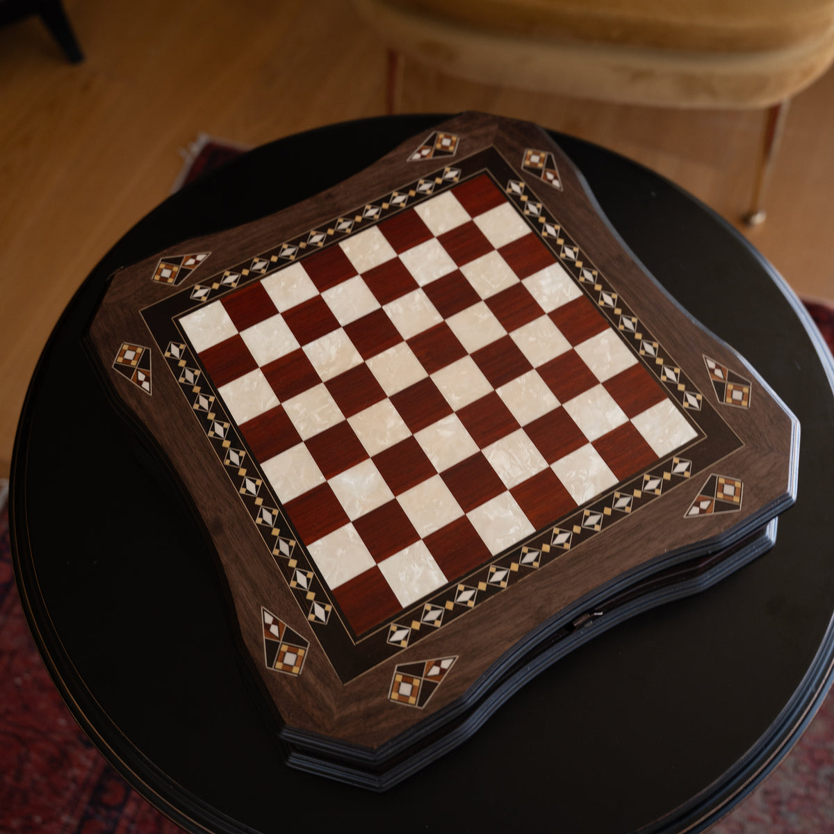 Walnut & Rosewood Inlaid Chess Set with Metal Pieces