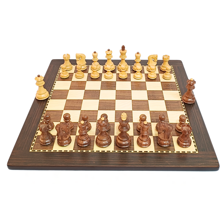 Handcrafted Russian Zagreb wooden chess set with brown and cream pieces on a square MDF board.