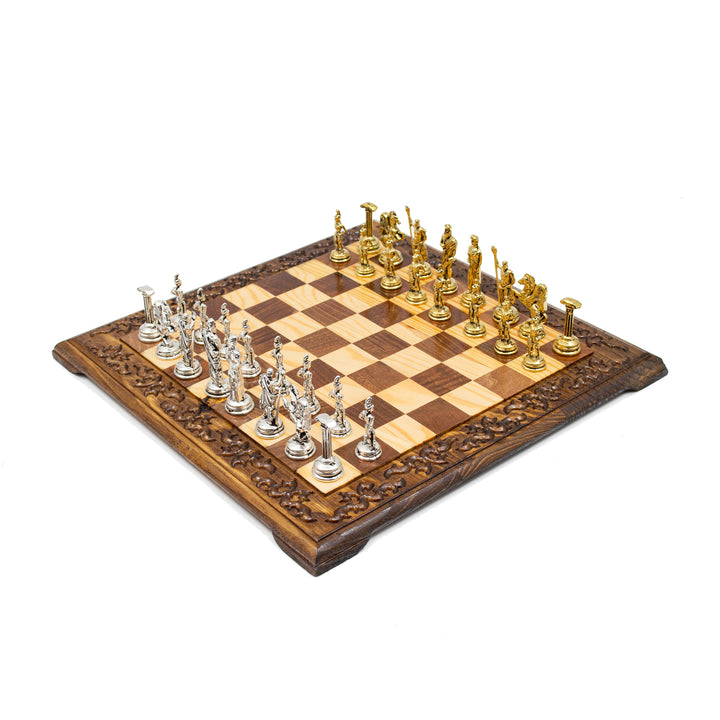 Hand Curved Vintage Walnut Roman's Era Themed Chess Set