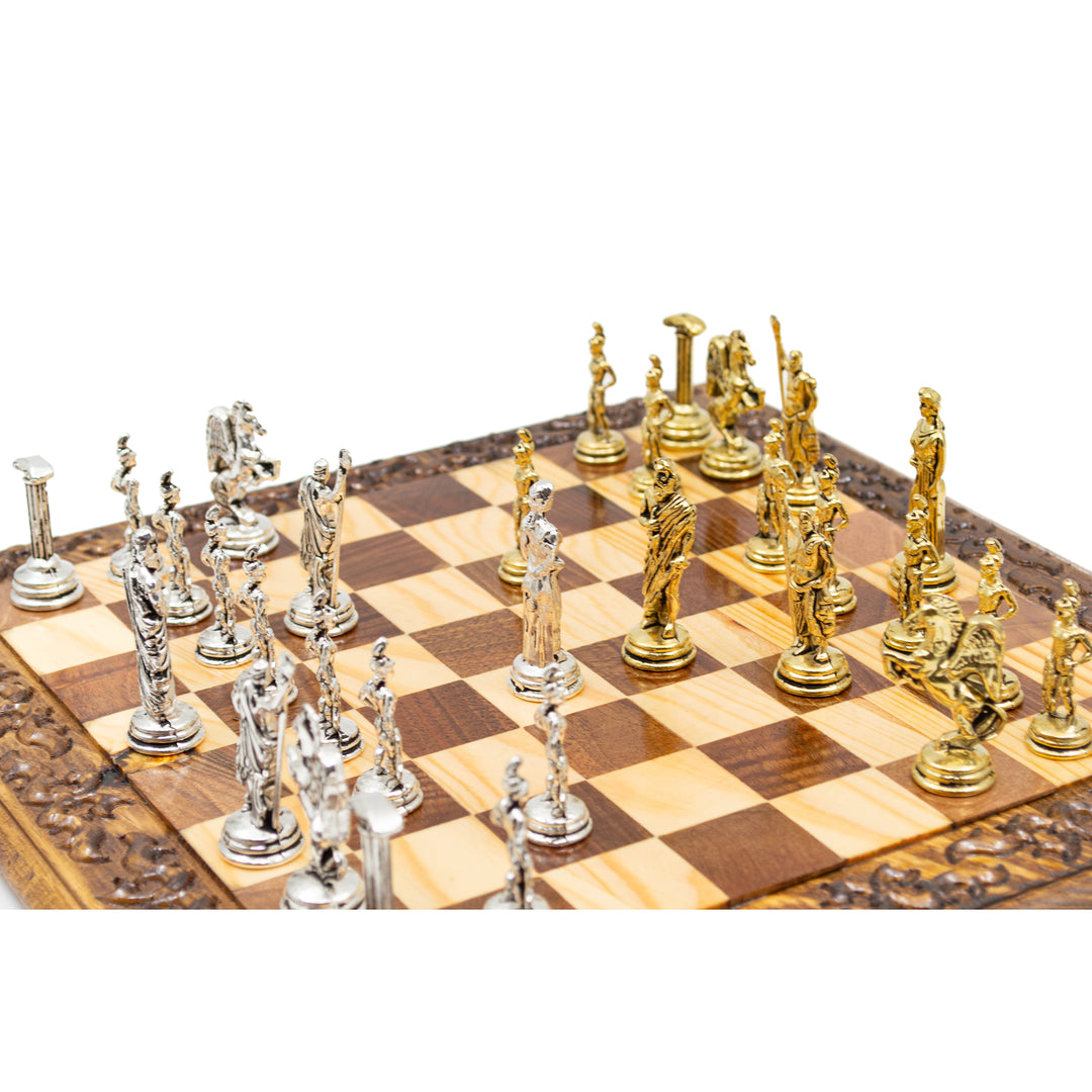 Hand Curved Vintage Walnut Roman's Era Themed Chess Set