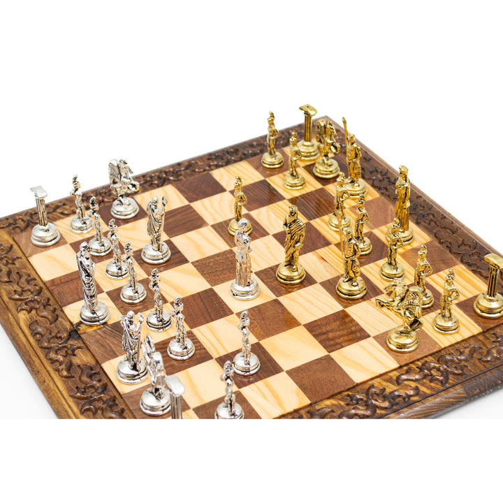 Hand Curved Vintage Walnut Roman's Era Themed Chess Set