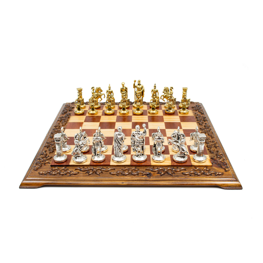 Hand Curved Vintage Walnut Roman's Era Themed Chess Set