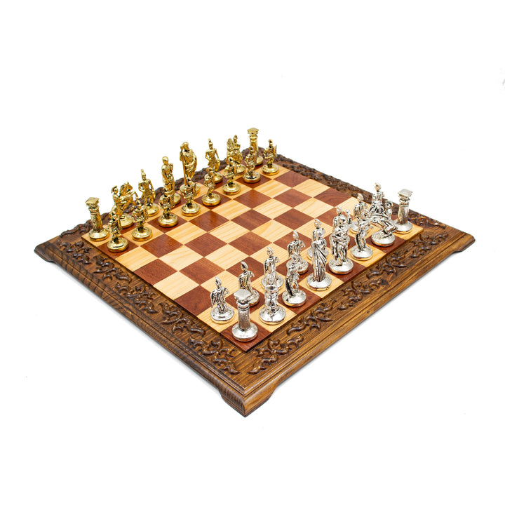 Hand Curved Vintage Walnut Roman's Era Themed Chess Set