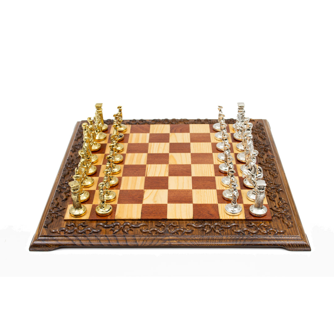 Hand Curved Vintage Walnut Roman's Era Themed Chess Set