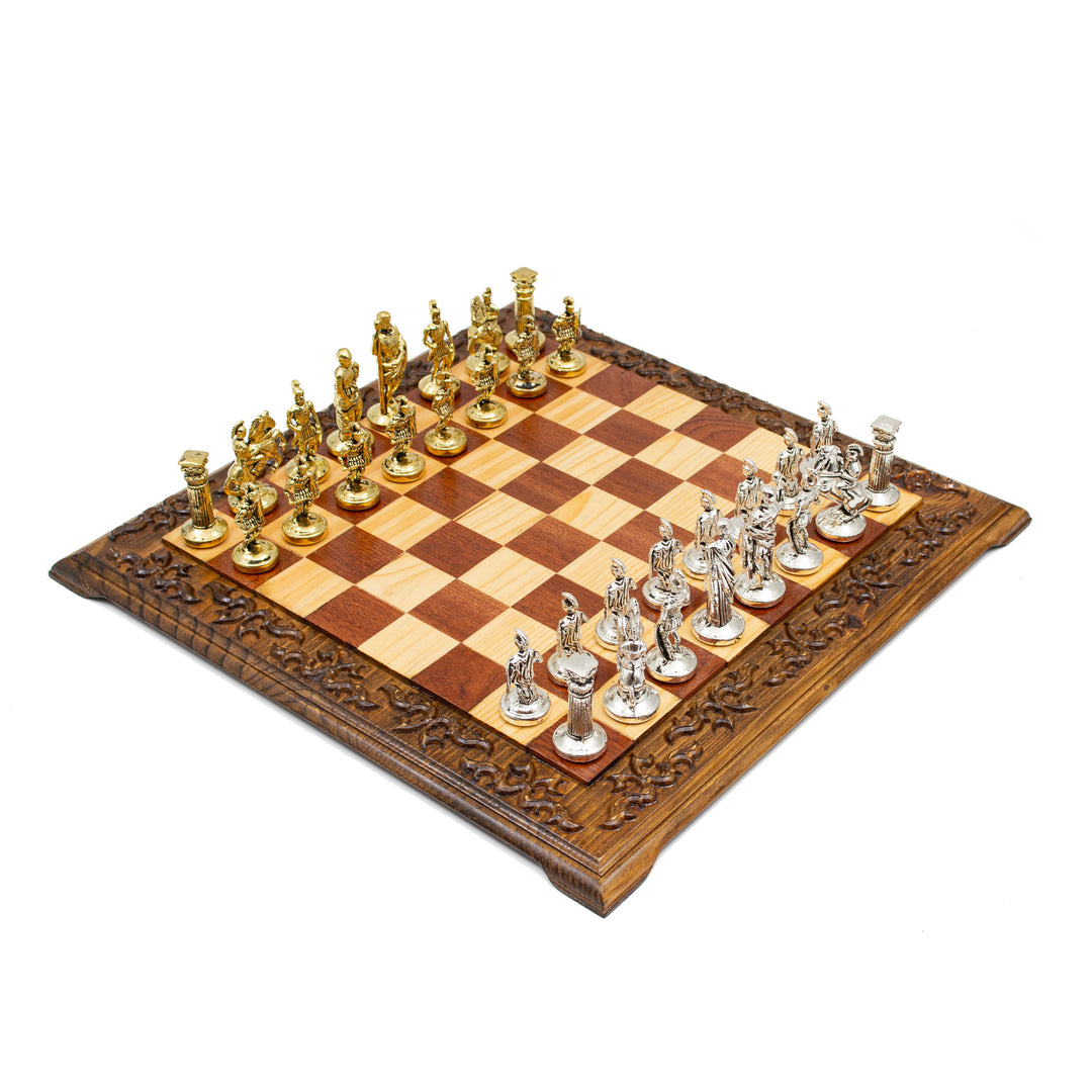 Hand Curved Vintage Walnut Roman's Era Themed Chess Set