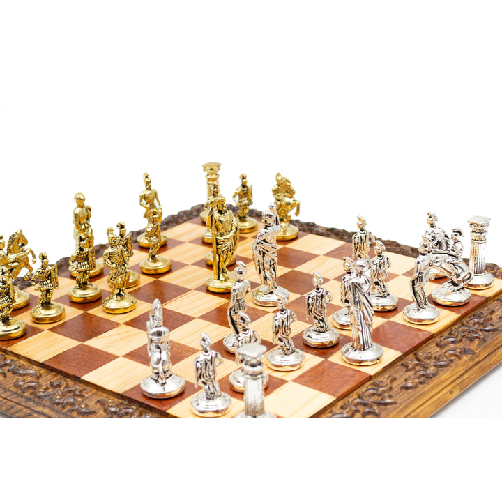 Hand Curved Vintage Walnut Roman's Era Themed Chess Set