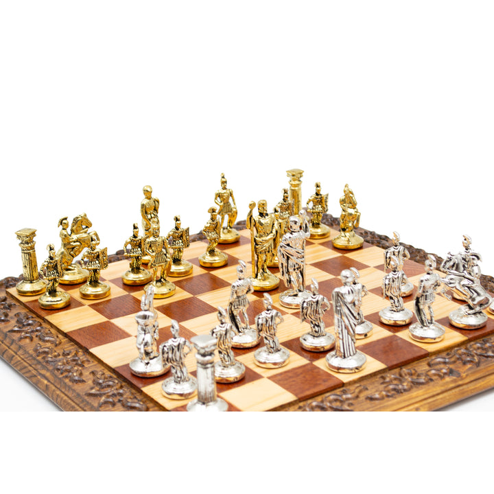 Hand Curved Vintage Walnut Roman's Era Themed Chess Set