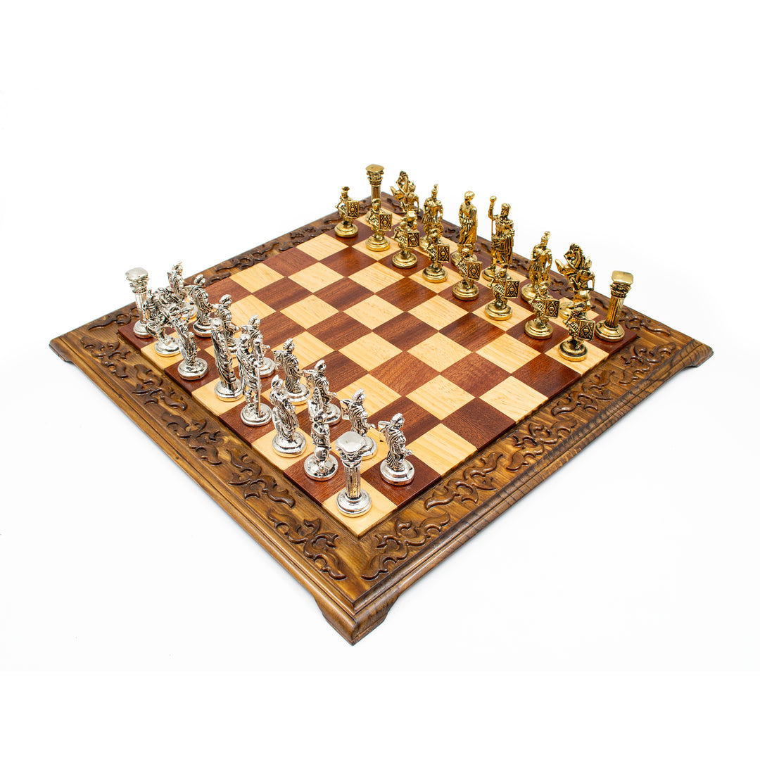 Hand Curved Vintage Walnut Roman's Era Themed Chess Set