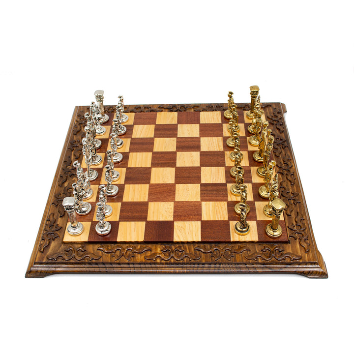 Hand Curved Vintage Walnut Roman's Era Themed Chess Set