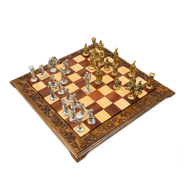 Hand Curved Vintage Walnut Roman's Era Themed Chess Set