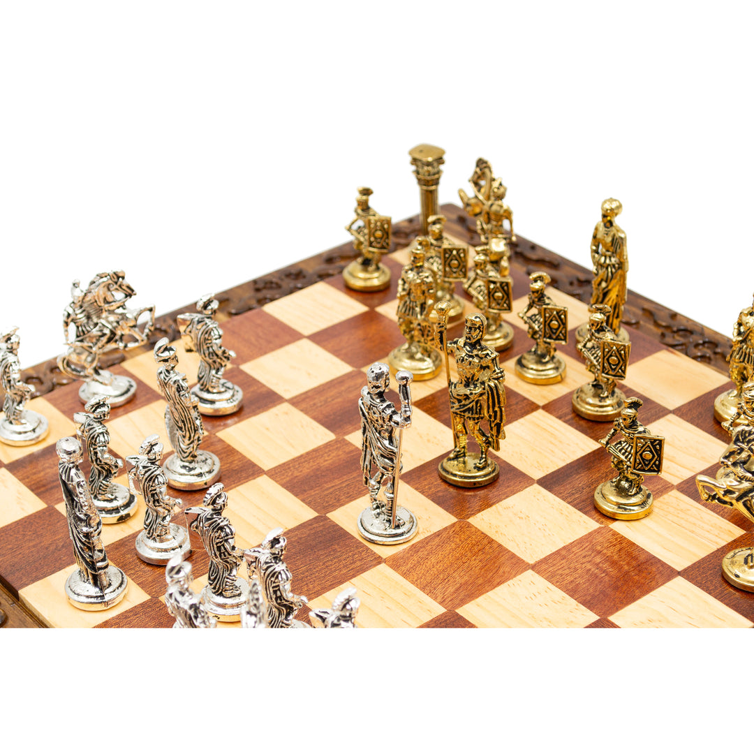 Hand Curved Vintage Walnut Roman's Era Themed Chess Set