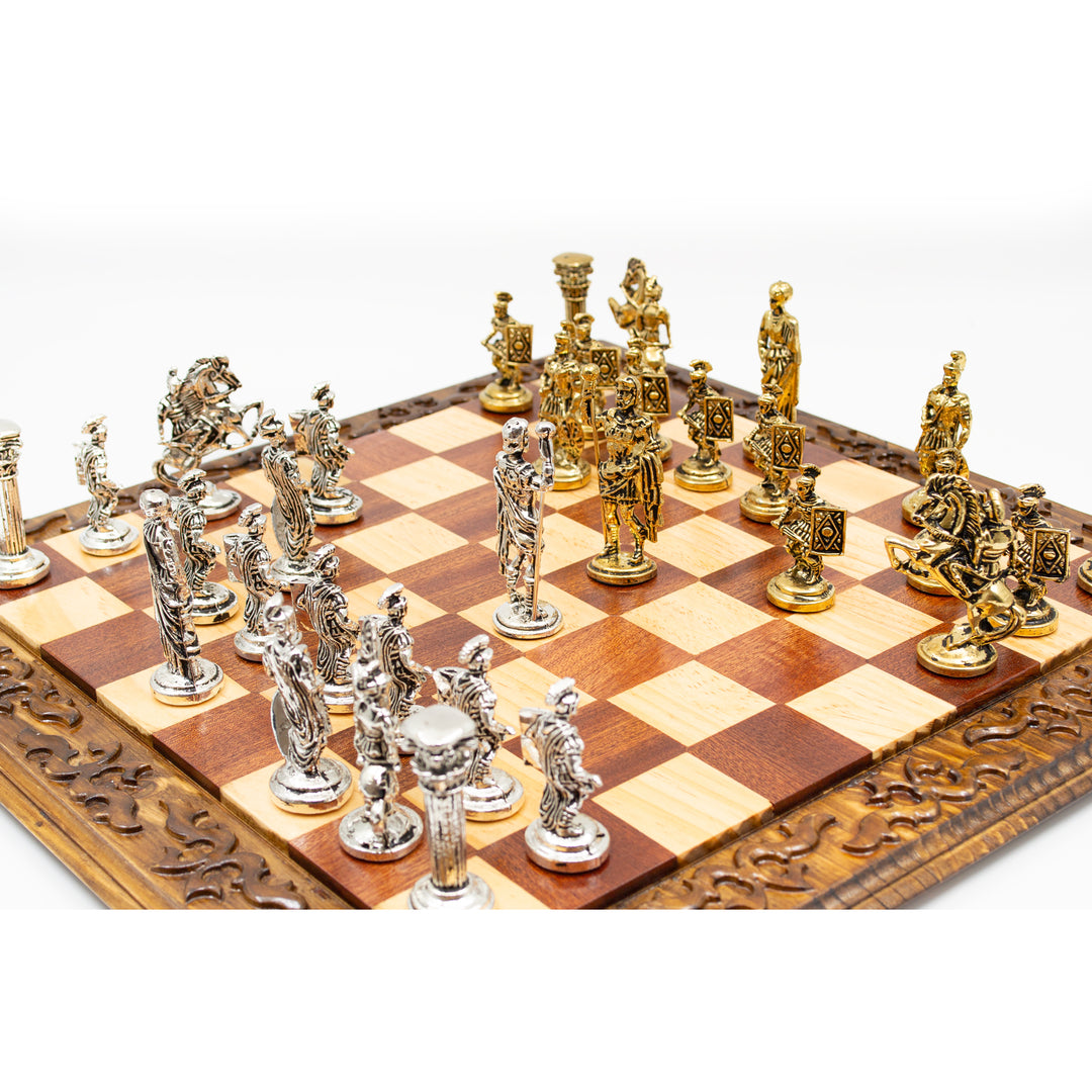 Hand Curved Vintage Walnut Roman's Era Themed Chess Set