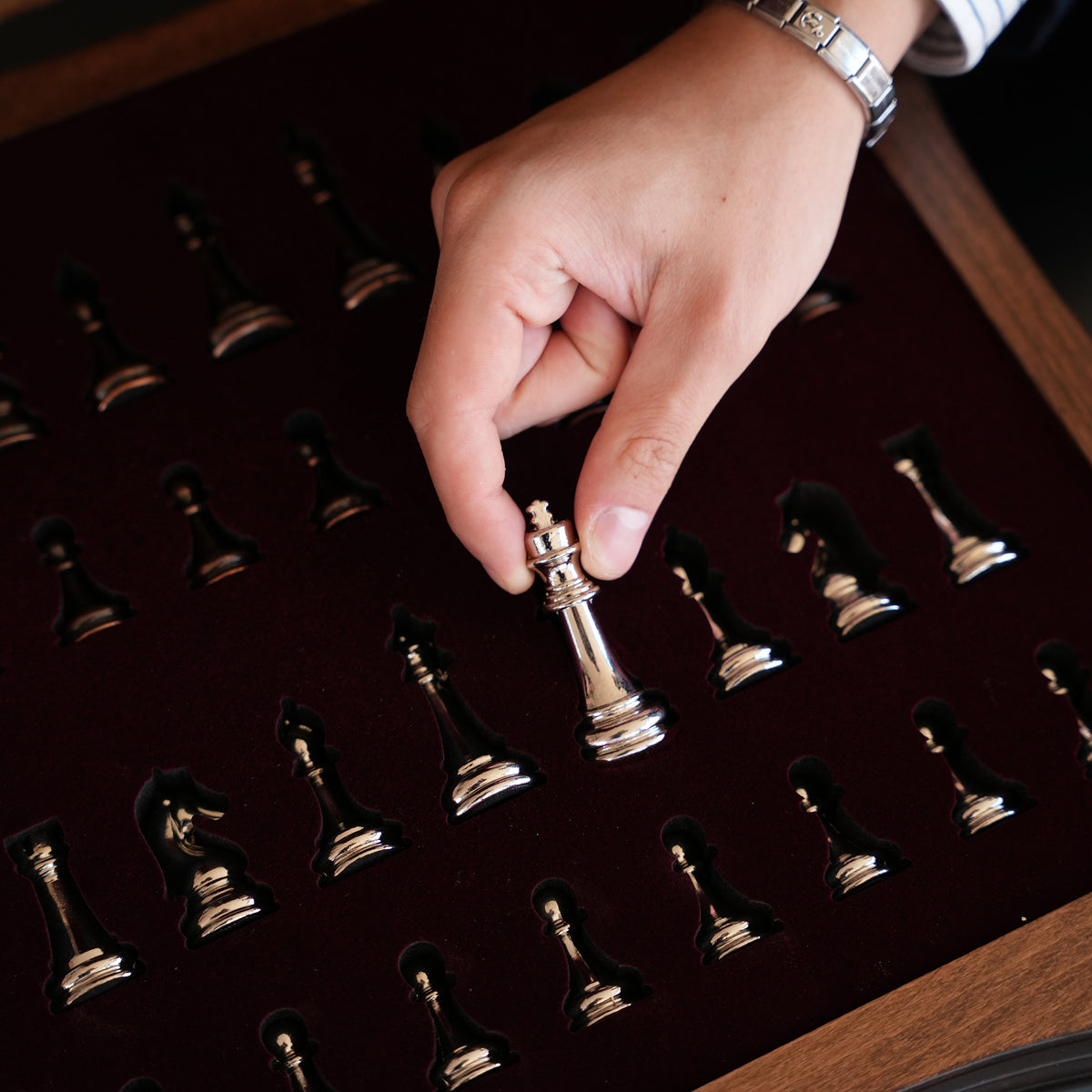 Walnut & Rosewood Inlaid Chess Set with Metal Pieces