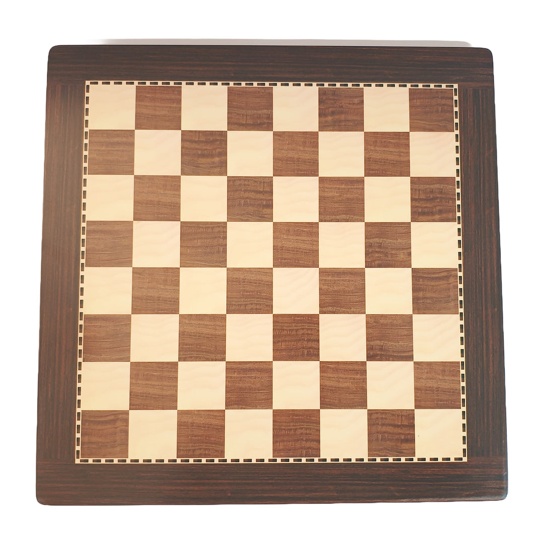 Handcrafted wooden chess board with acacia and maple finish, featuring a checkered pattern in brown and cream.