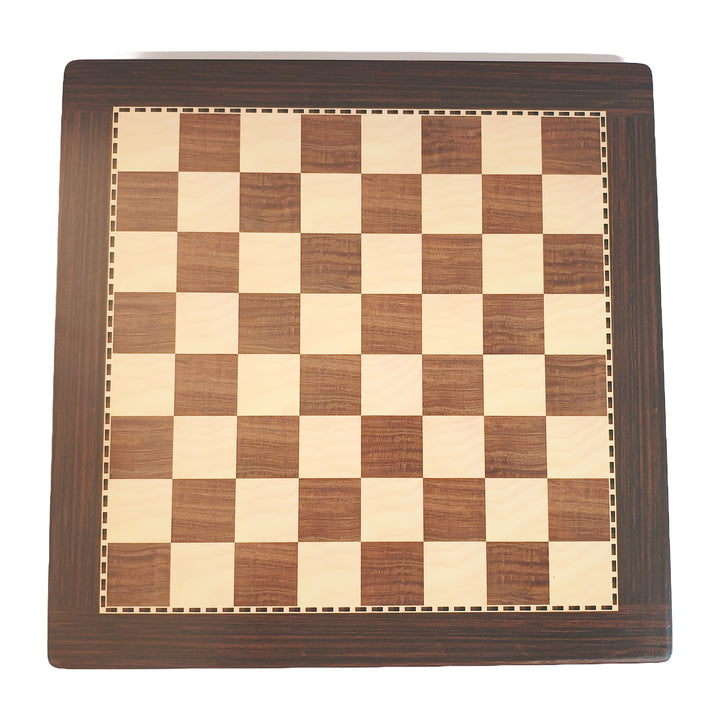 Handcrafted wooden chess board with acacia and maple finish, featuring a checkered pattern in brown and cream.