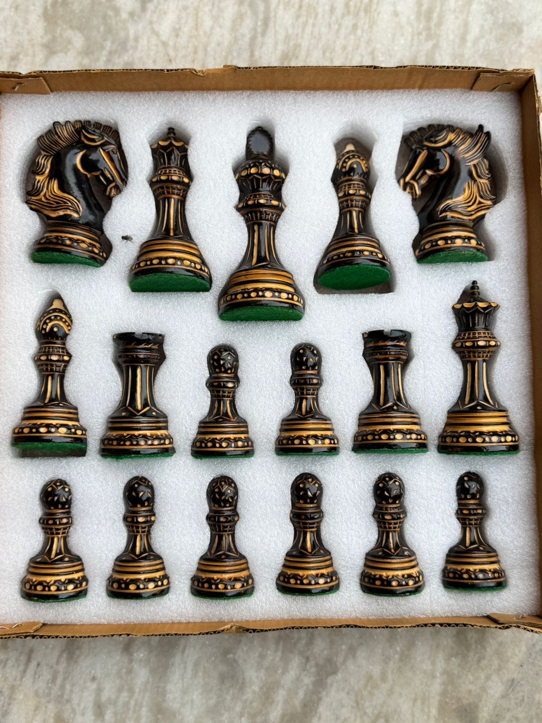 Alexandria Luxury Staunton Burnt Carved Chess Set- Chess Pieces Only - Triple Weighted - Lacquered Boxwood