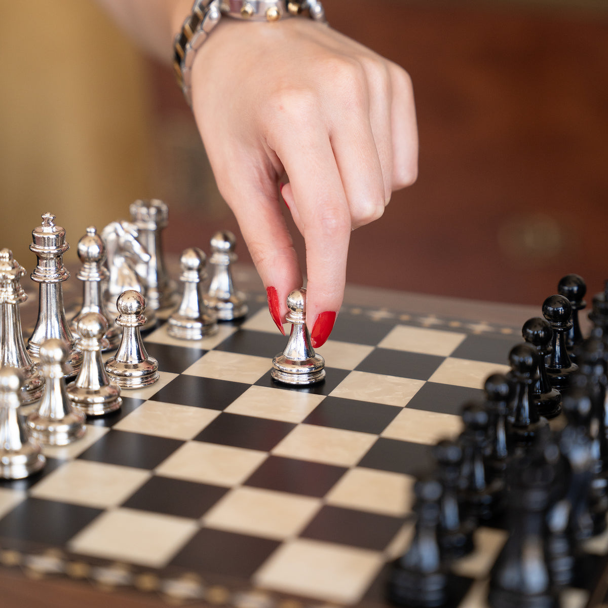Walnut & Rosewood Inlaid Chess Set with Metal Pieces