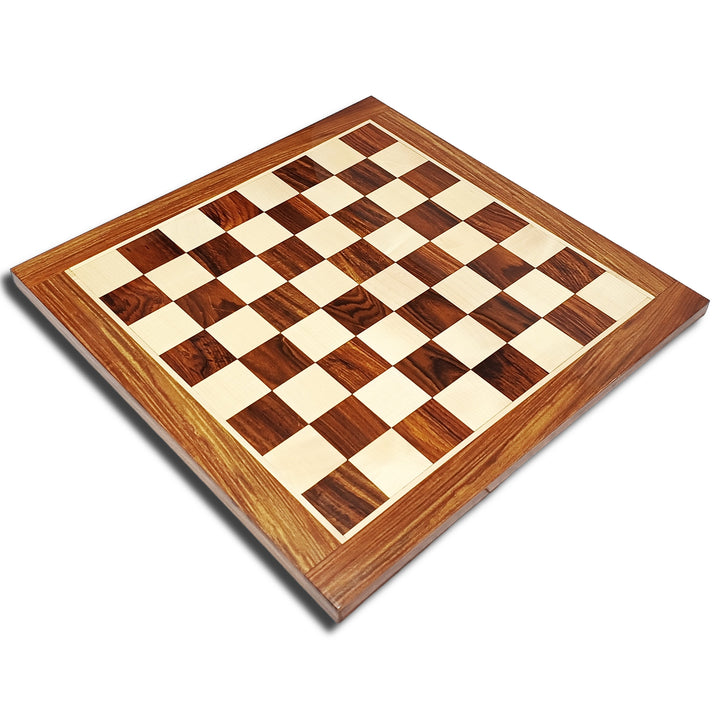 Handcrafted wooden chess board in luxurious golden rosewood and maplewood, designed for classic Staunton chess pieces.