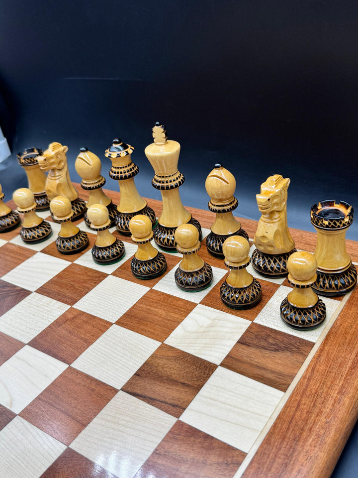 Burnt Staunton Chess Pieces - 3.9" King - In Boxwood