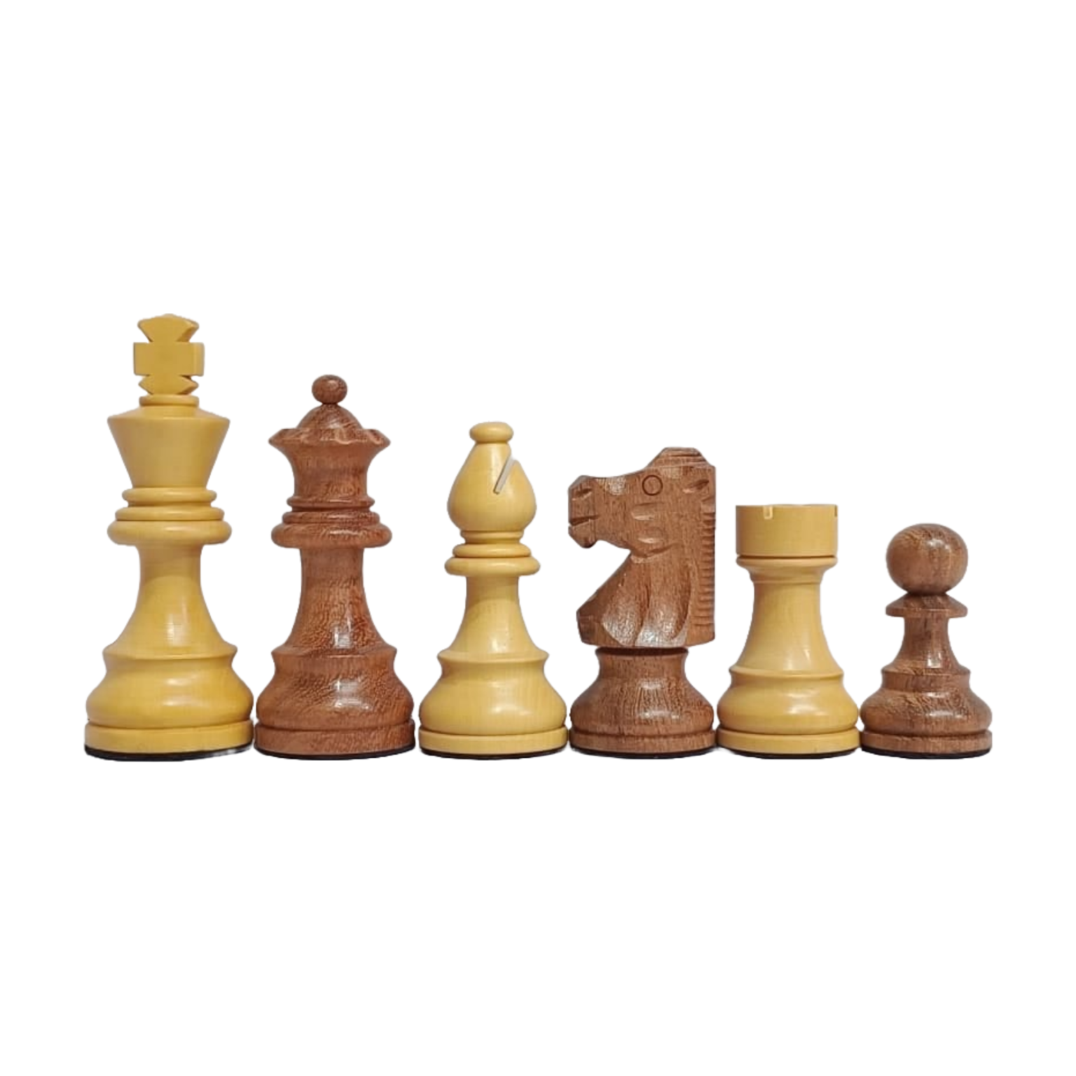 French design wooden Staunton chess pieces showing king, queen, bishop, knight, rook, and pawn in natural and yellow wood colors.