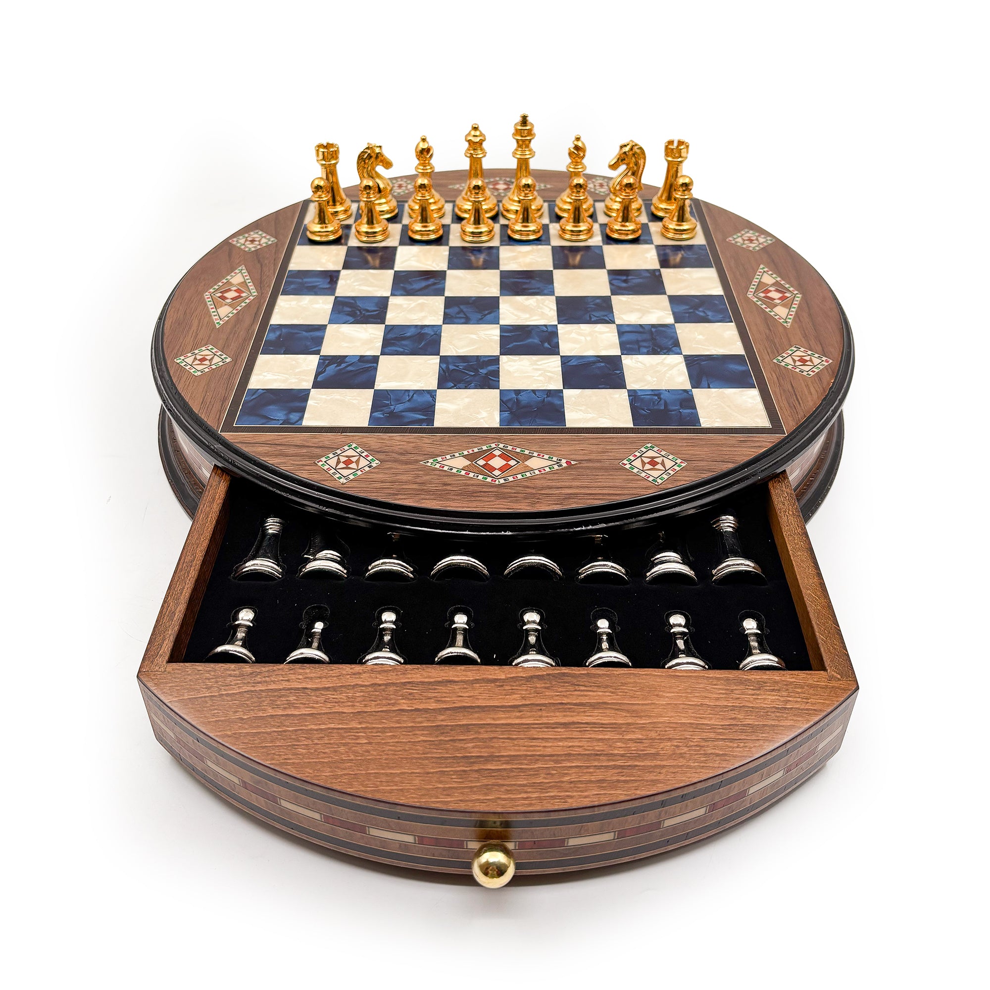 Luxury Round Rosewood & Walnut Chess Set With Metal Pieces My Chess Sets