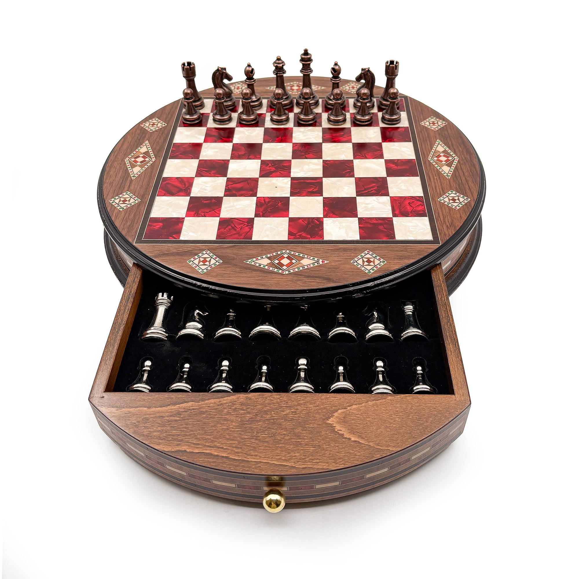 Luxury Round Rosewood & Walnut Chess Set With Metal Pieces My Chess Sets