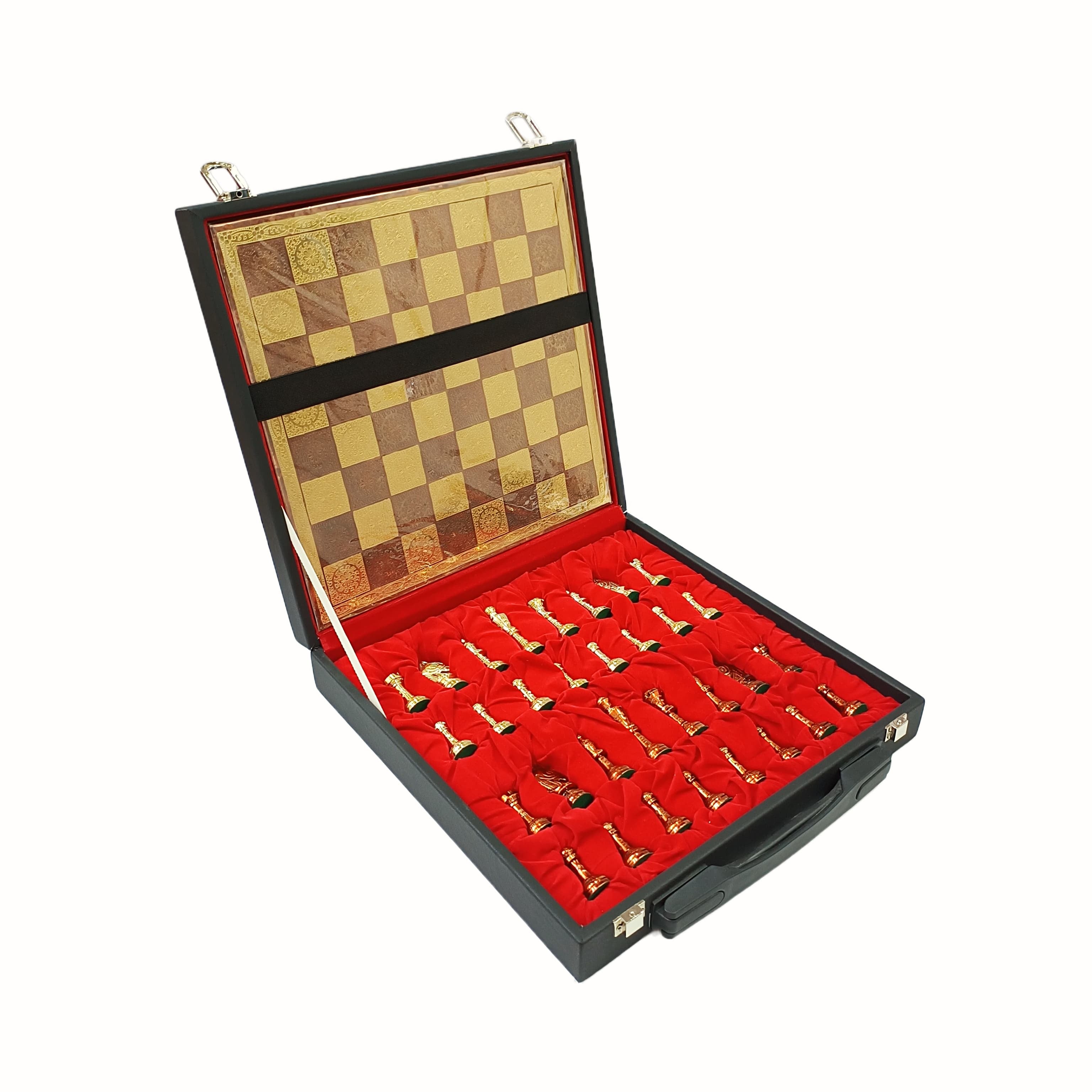 Open brass chess set in a black leatherette case with red lining, featuring Staunton style pieces and a checkerboard.