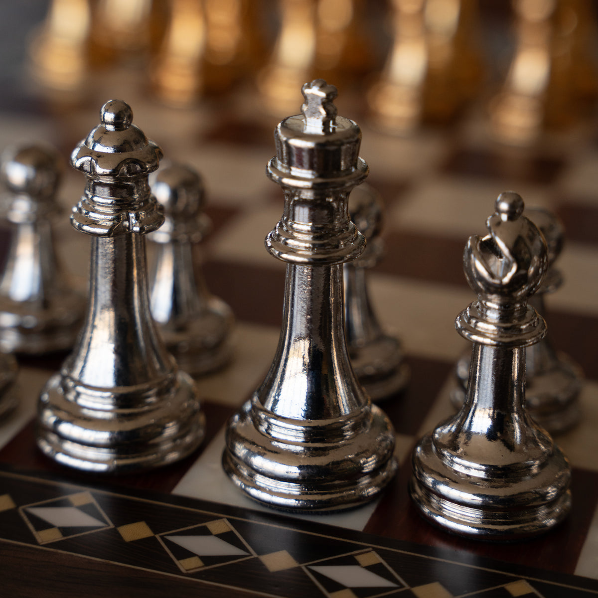 Walnut & Rosewood Inlaid Chess Set with Metal Pieces