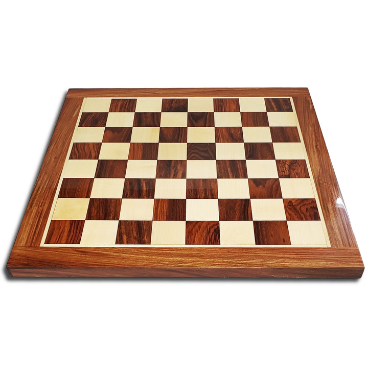Handcrafted golden rosewood chess board with alternating light and dark squares, ideal for luxury chess sets.